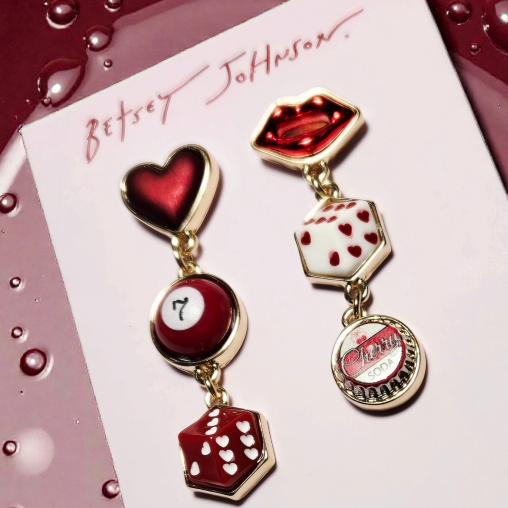 NEW Betsey Johnson Lips, Heart, Dice & Cherry Cola Linear Drop Earrings NWT - Picture 3 of 5